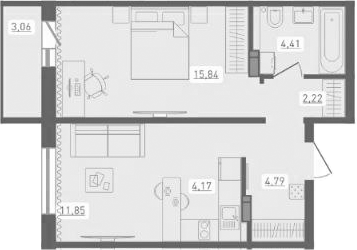 Планировка 2е-к.кв 43.28 м² в ЖК «Радуга Сибири»