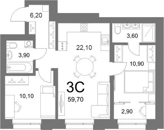 Планировка 3е-к.кв 56.80 м² в ЖК «LEMONT»