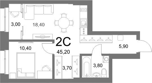 Планировка 2е-к.кв 42.20 м² в ЖК «LEMONT»