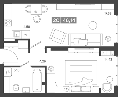 Планировка 2е-к.кв 46.14 м² в ЖК «Ньютон»