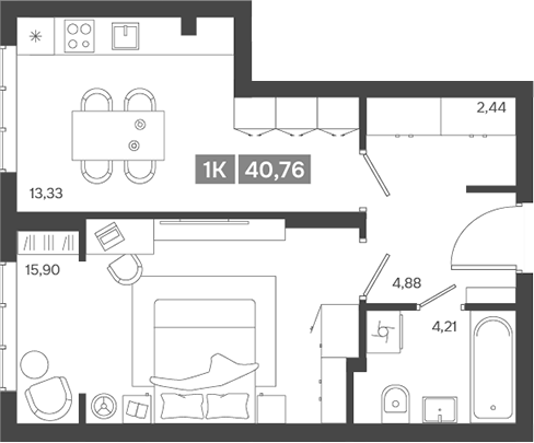 Планировка 1-к.кв 40.76 м² в ЖК «Ньютон»
