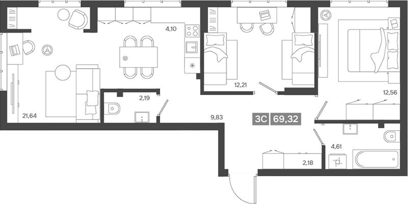 Планировка 3е-к.кв 69.32 м² в ЖК «Ньютон»