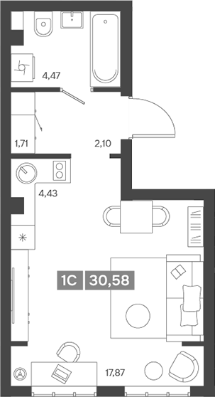 Планировка студии 30.58 м² в ЖК «Ньютон»