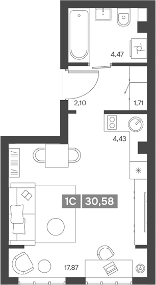 Планировка студии 30.58 м² в ЖК «Ньютон»