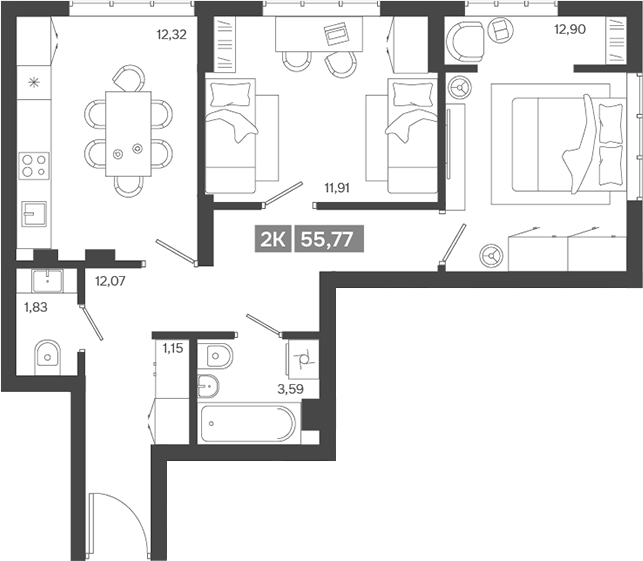 Планировка 2-к.кв 55.77 м² в ЖК «Ньютон»