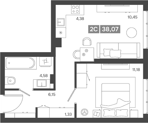 Планировка 2е-к.кв 38.07 м² в ЖК «Ньютон»