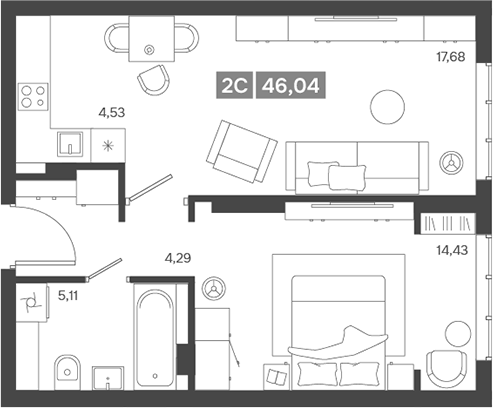 Планировка 2е-к.кв 46.04 м² в ЖК «Ньютон»