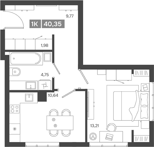 Планировка 1-к.кв 40.35 м² в ЖК «Ньютон»
