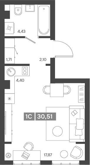 Планировка студии 30.51 м² в ЖК «Ньютон»