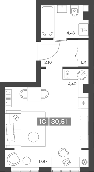 Планировка студии 30.51 м² в ЖК «Ньютон»