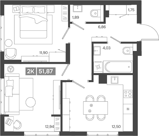 Планировка 2-к.кв 51.87 м² в ЖК «Ньютон»