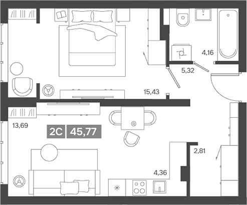 Планировка 2е-к.кв 45.77 м² в ЖК «Ньютон»