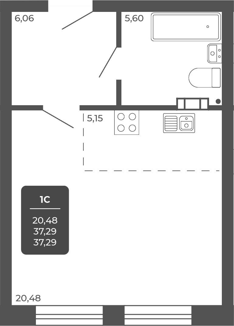 Планировка 1-к.кв 37.29 м² в ЖК «НОВА АПАРТ»