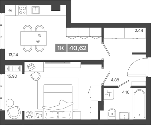 Планировка 1-к.кв 40.62 м² в ЖК «Ньютон»