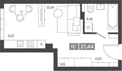 Планировка студии 27.44 м² в ЖК «Ньютон»