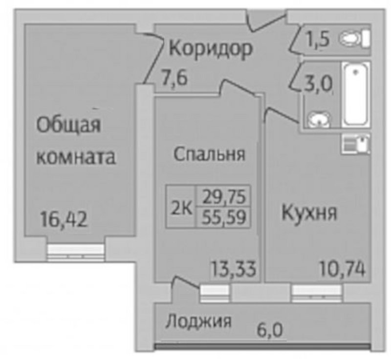 Планировка 2-к.кв 52.59 м² в ЖК «Дивногорский»