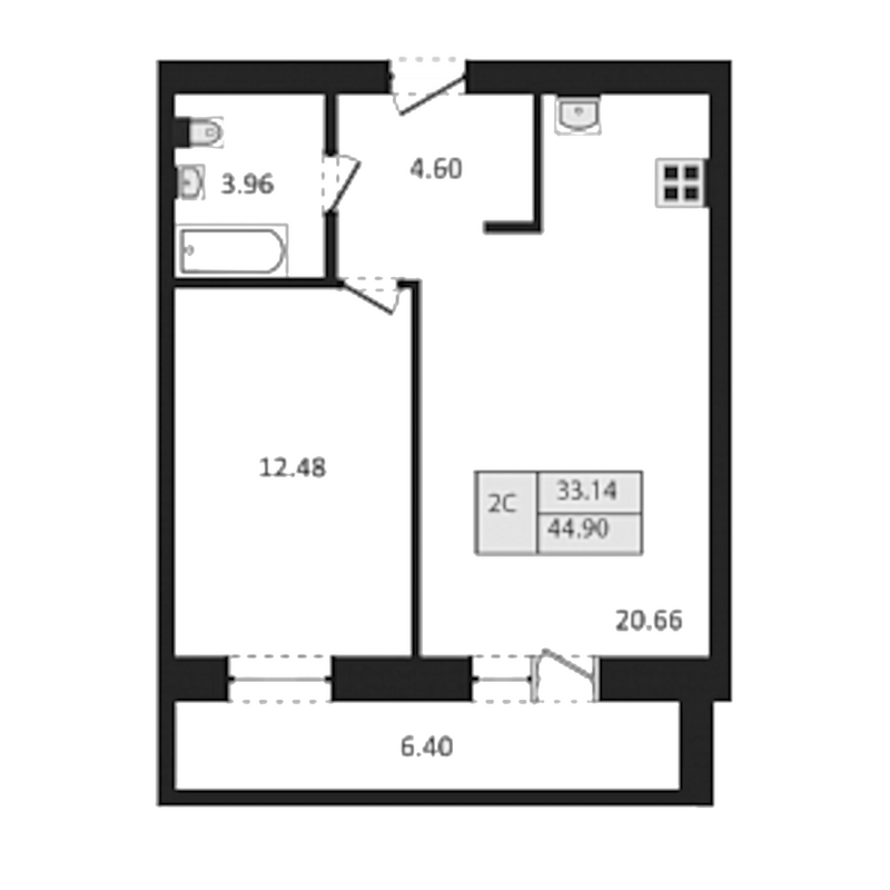 Планировка 1-к.кв 41.70 м² в ЖК «Дивногорский»
