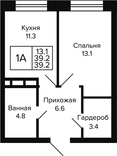 Планировка 1-к.кв 39.20 м² в ЖК «Цитатум»