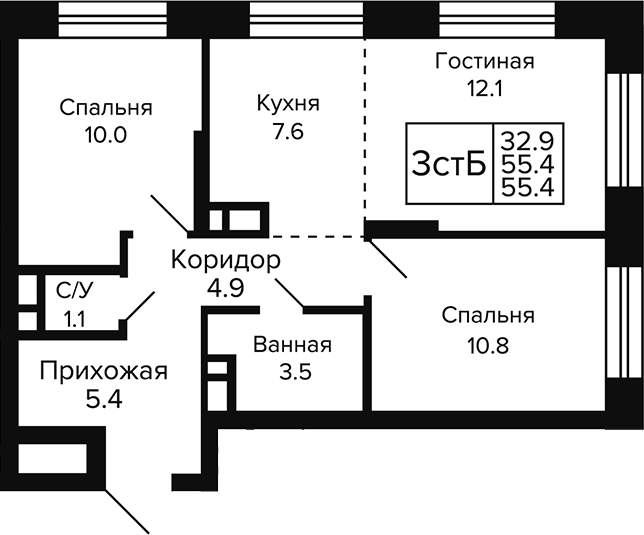 Планировка 3е-к.кв 55.40 м² в ЖК «Цитатум»