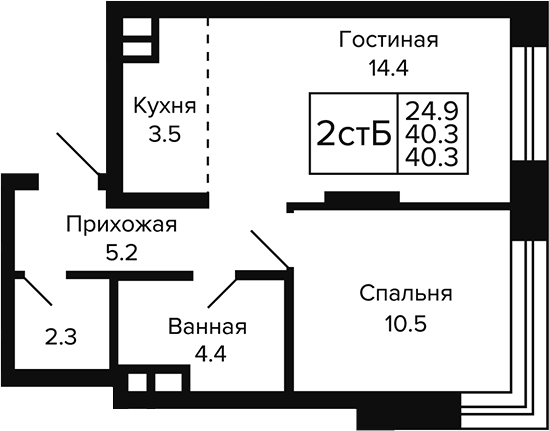 Планировка 2е-к.кв 40.30 м² в ЖК «Цитатум»