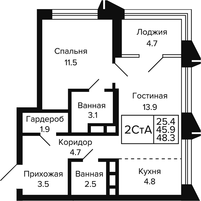 Планировка 2е-к.кв 45.95 м² в ЖК «Цитатум»