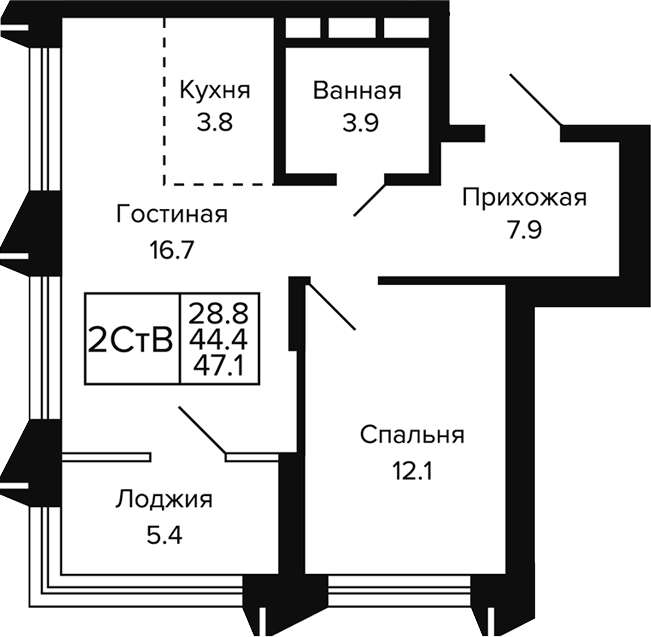 Планировка 2е-к.кв 44.40 м² в ЖК «Цитатум»