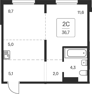 Планировка 2е-к.кв 36.70 м² в ЖК «Квартал на Игарской»