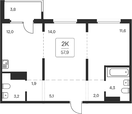 Планировка 2-к. квартира 54.10 м² в ЖК «Квартал на Игарской»