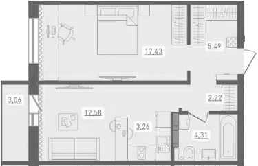 Планировка 2е-к.кв 45.29 м² в ЖК «Радуга Сибири»
