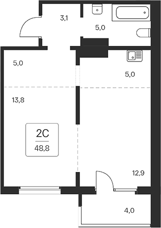 Планировка 2е-к. квартира 44.80 м² в ЖК «Квартал на Игарской»