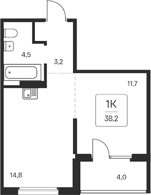 Планировка 1-к. квартира 34.20 м² в ЖК «Квартал на Игарской»