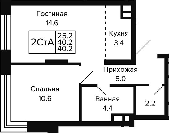 Планировка 2е-к.кв 40.20 м² в ЖК «Цитатум»