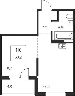 Планировка 1-к. квартира 34.20 м² в ЖК «Квартал на Игарской»