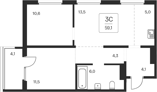Планировка 3е-к.кв 55.00 м² в ЖК «Квартал на Игарской»