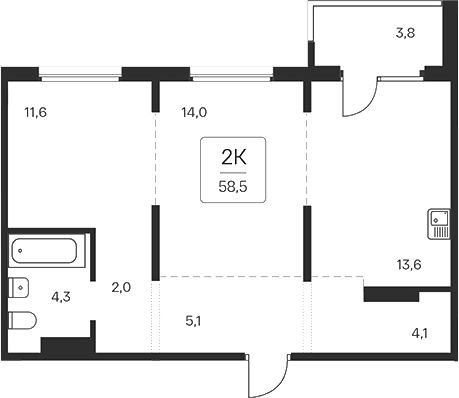 Планировка 2-к.кв 54.70 м² в ЖК «Квартал на Игарской»
