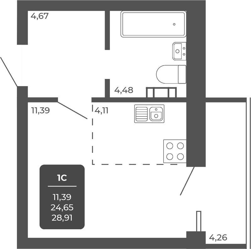 Планировка студии 24.65 м² в ЖК «НОВА АПАРТ»