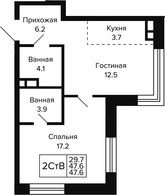 Планировка 2е-к.кв 47.60 м² в ЖК «Цитатум»