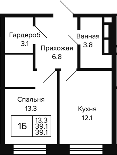 Планировка 1-к.кв 39.10 м² в ЖК «Цитатум»