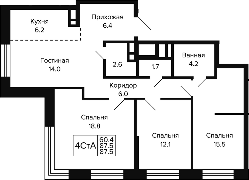 Планировка 4е-к.кв 87.50 м² в ЖК «Цитатум»