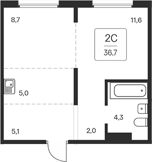 Планировка 2е-к. квартира 36.70 м² в ЖК «Квартал на Игарской»