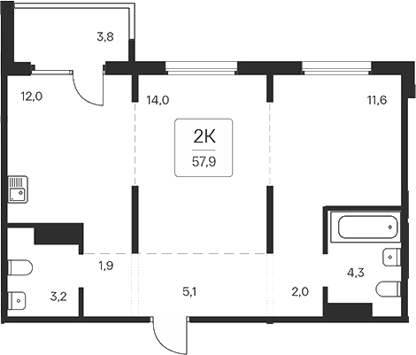 Планировка 2-к.кв 54.10 м² в ЖК «Квартал на Игарской»