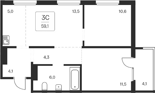 Планировка 3е-к. квартира 55.00 м² в ЖК «Квартал на Игарской»