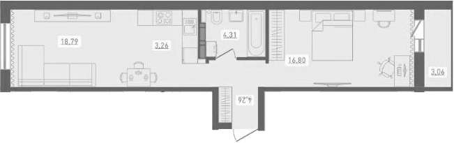 Планировка 2е-к.кв 47.42 м² в ЖК «Радуга Сибири»