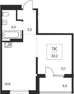 Планировка 1-к. квартира 34.20 м² в ЖК «Квартал на Игарской»