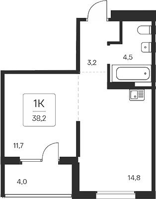 Планировка 1-к.кв 34.20 м² в ЖК «Квартал на Игарской»