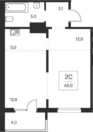 Планировка 2е-к. квартира 44.80 м² в ЖК «Квартал на Игарской»