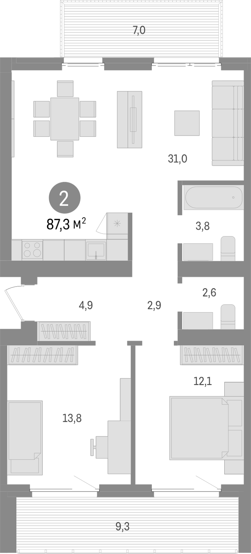 Планировка 3е-к.кв 71.00 м² в ЖК «Пшеница»