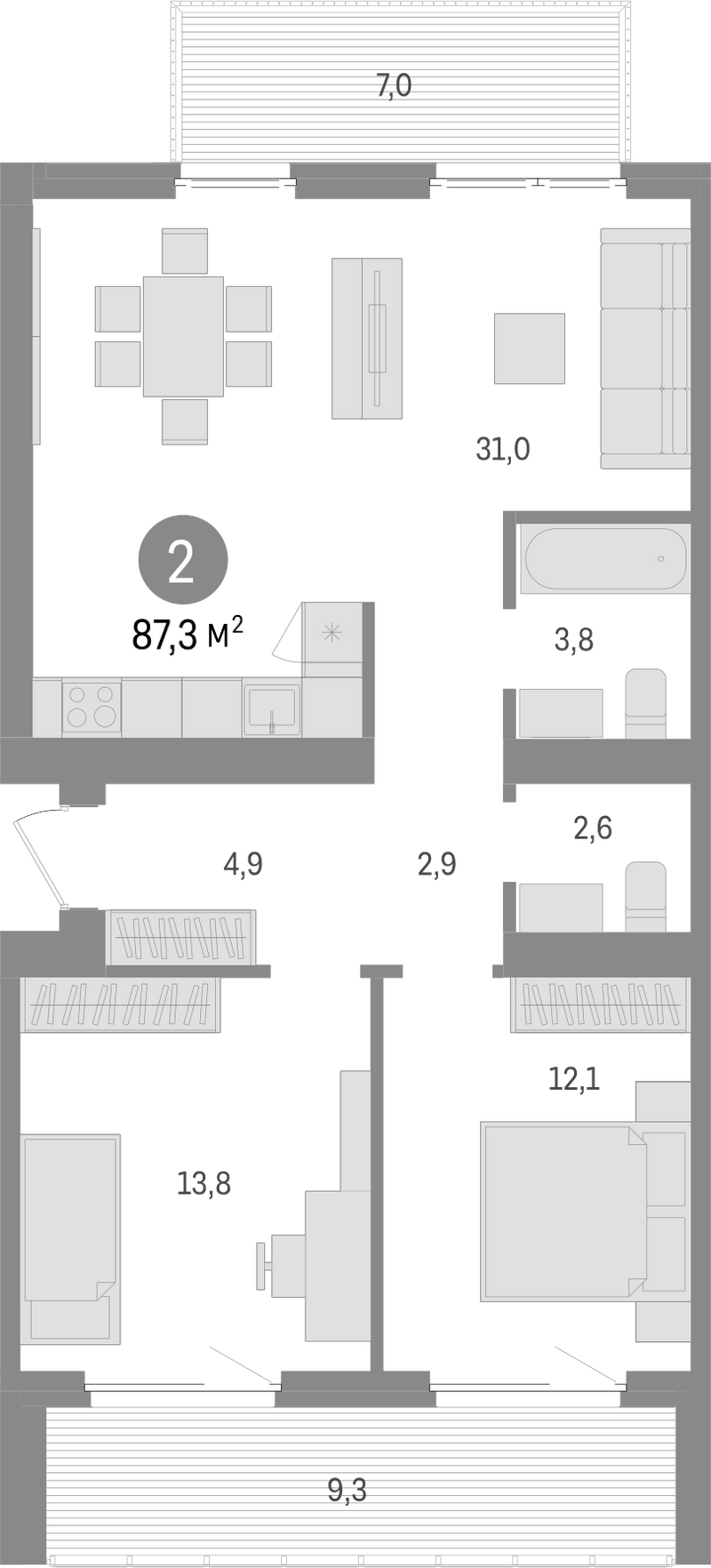 Планировка 3е-к.кв 71.00 м² в ЖК «Пшеница»