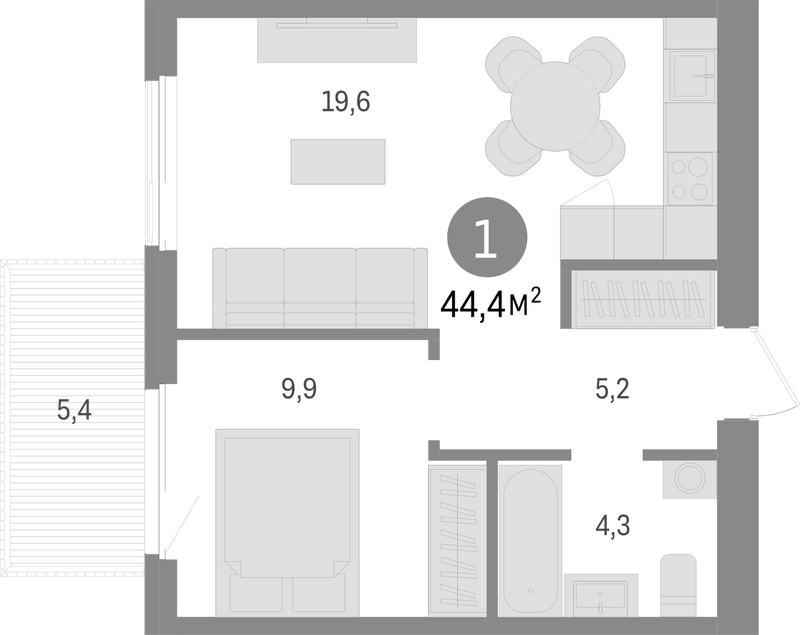 Планировка 2е-к. квартира 39.00 м² в ЖК «Пшеница»