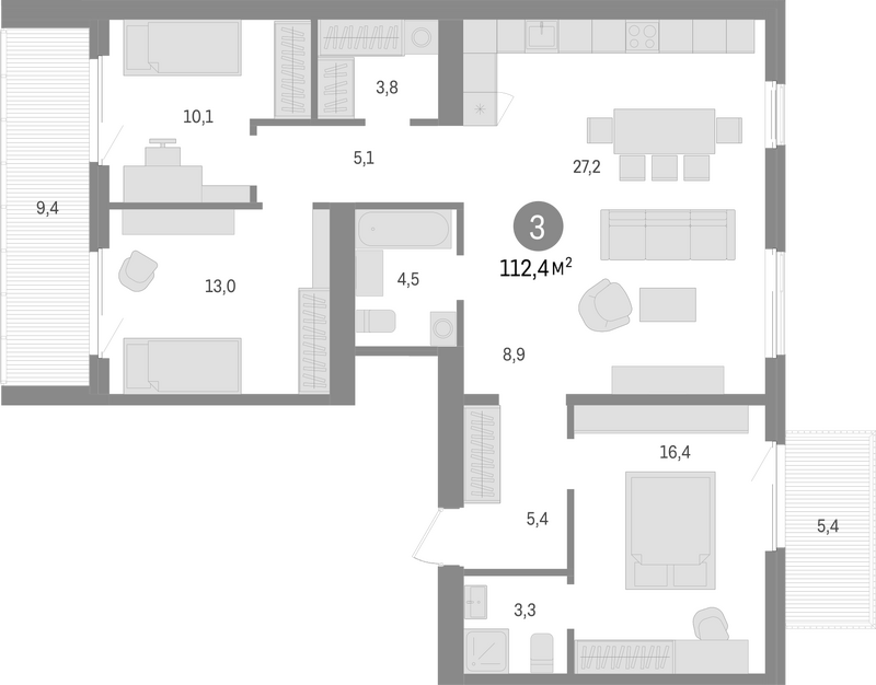 Планировка 4е-к.кв 97.60 м² в ЖК «Пшеница»